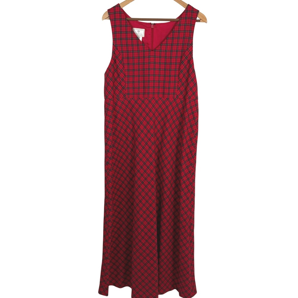 Susan Bristol Plaid Maxi Dress Womens 8 Red Excellent Sleeveless V-Neck Vintage